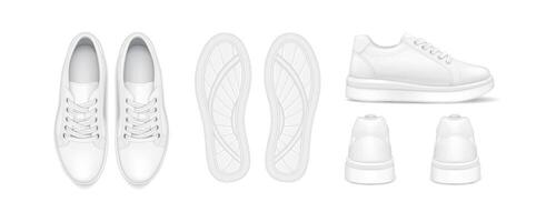 Training sneakers design realistic illustration set. Athletic shoes for running comprehensive view 3d models on white background vector