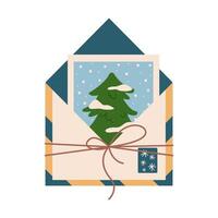 Christmas tree postcard in vintage envelope flat color object. Dreamlike New Year holiday greeting illustration on white background vector