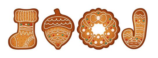 Various gingerbreads for Christmas party flat color objects set. Homemade biscuits with sweet glaze illustrations on white background vector