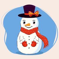 Cute Snowgirl in a Polka Dot Scarf and Elegant Hat with Bow, Smiling Sweetly. Funny simple Christmas character isolated on blue background in hand drawn flat style. vector