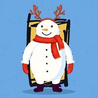 Happy Snowman with Antler Headband, Red Scarf, and Mittens Smiling on a Winter Day Standing in Front of a Door. vector