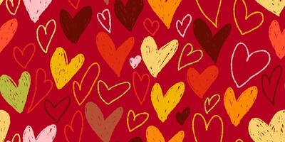 Seamless Pattern with Colorful Hearts isolated on Red Background. Perfect for banners, cards, web, print, fashion. vector