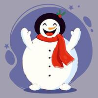 Winter Happy Snowman Character with Red Scarf and Black Hat Smiling. vector