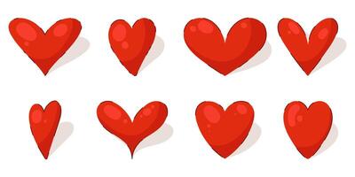 Collection of Heart Icons in Hand Drawn Flat Style. Red symbols of love with different shapes. vector