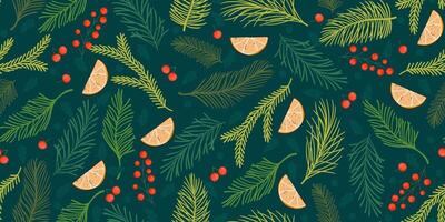 Christmas background with Foliage. Berries, Fir Branches and fruits. Seamless Pattern perfect for print, wrapping paper, fashion, holidays. vector
