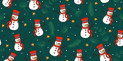 Seamless Pattern with Snowman and Fir Branches with Yellow Stars on a Green Background. Cute winter background perfect for web, wrapping paper, fashion, cards, banners vector