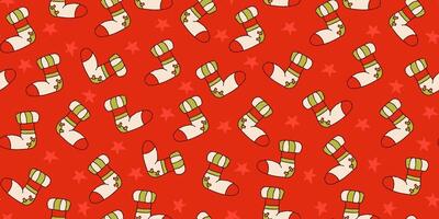 Christmas Seamless Pattern with Cozy Stockings for Cold Weather. Winter banner background with socks for children. Cute design for wrapping paper, print, fashion, web vector