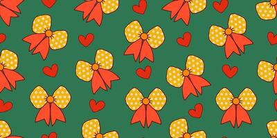 Seamless Pattern with Colorful Bows, Ribbons and Red Hearts on Green Background. Christmas trendy holiday pattern perfect for wrapping paper, web, print, fashion, cards. vector