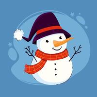 Cute Cartoon Snowman with Funny Hat and Red Scarf. Christmas snowman character isolated on blue background vector