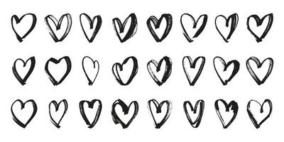 Grunge Black Hearts with Abstract Shapes Drawn with Crayons and Markers Isolated on White Background. Collection of romantic rough symbols vector