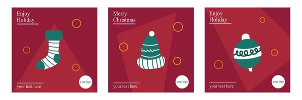 Set of Merry Christmas And Happy New Year greeting card with typography in red background vector