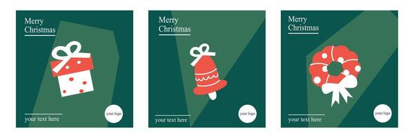 Merry Christmas And Happy New Year square template set with typography in green color background vector