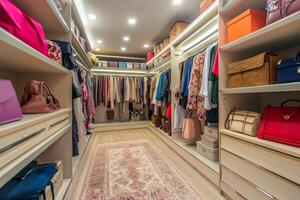 Large walk in closet with many clothes and purses photo