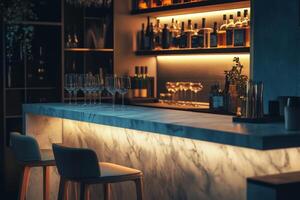 Bar with a marble counter and white chairs photo