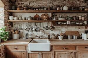 Kitchen with a wooden counter and a white sink photo