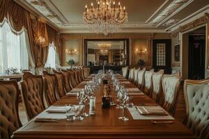 Large room with a long table and many chairs photo