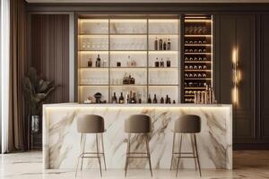Bar with a marble counter and three bar stools photo