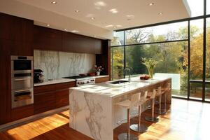 Kitchen with a marble countertop and white cabinets photo