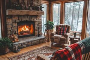 Cozy living room with a fireplace, a chair, and a couch photo