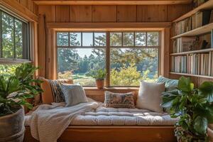 Cozy reading nook with a comfortable couch and a potted plant photo