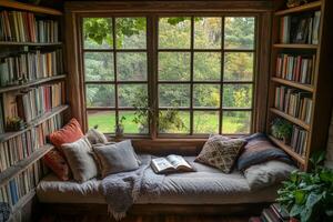 Cozy reading nook with a large window and a comfortable bed photo