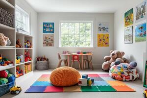 Colorful playroom with a teddy bear and a window photo