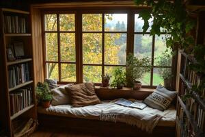 Cozy reading nook with a window and a book on a table photo