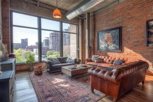 Living room with a couch, two chairs, and a coffee table photo