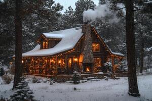 Cozy cabin with a fireplace and a chimney photo
