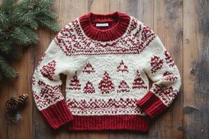 Red and white sweater with Christmas trees on it photo