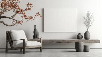 White room with a white wall and a large white picture frame. Mockup. photo