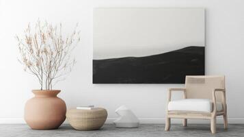 White and black framed painting hangs on a wall. Mockup. photo