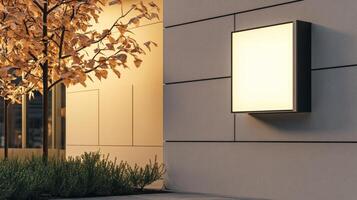 White box with a black frame is on a wall. Mockup. photo