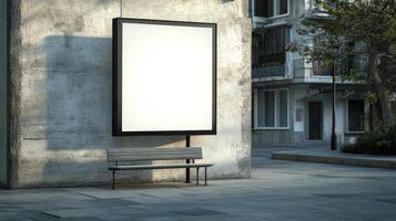 White billboard with a bench in front of it. Mockup photo