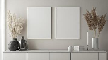 White wall with two empty picture frames and a vase of flowers. Mockup. photo