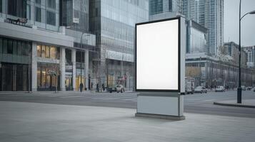 Large white billboard sits on a city street. Mockup photo