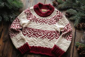 Knitted sweater with red and white stripes is sitting on a wooden table photo