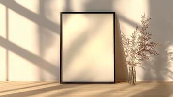 Black framed white picture sits on a wooden table. Mockup. photo