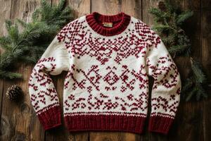 Knitted sweater with a red and white pattern sits on a wooden table photo