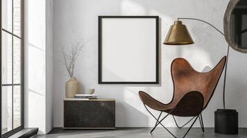 White room with a black chair and a lamp. Mockup. photo