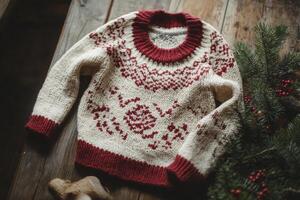 Knitted sweater with red and white stripes is sitting on a wooden table photo