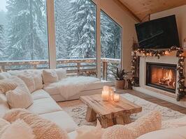 Cozy living room with a fireplace and a large flat screen TV photo