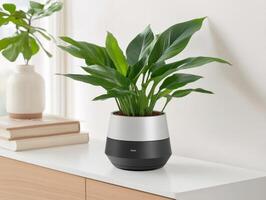 Plant sits on a white shelf next to a book photo