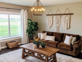 Living room with a brown couch, a coffee table, and a large window photo