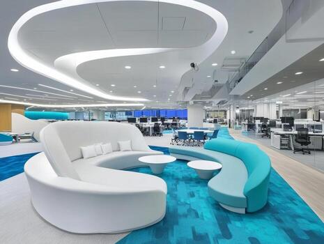 Modern office space with a blue and white color scheme photo