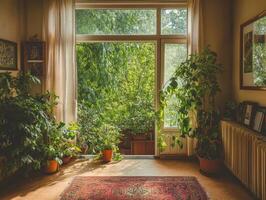 Room with a large window and a red rug photo