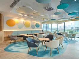 Large room with blue and yellow walls and a blue carpet photo