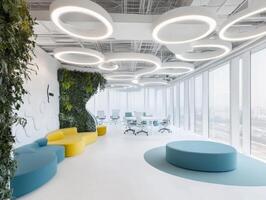 Modern office space with a large green wall and a blue and yellow couch photo