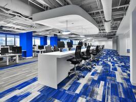 Large office space with blue carpet and white walls photo