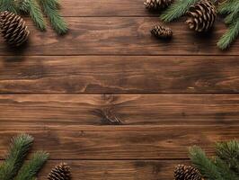 Wooden background with pine cones and green leaves photo
